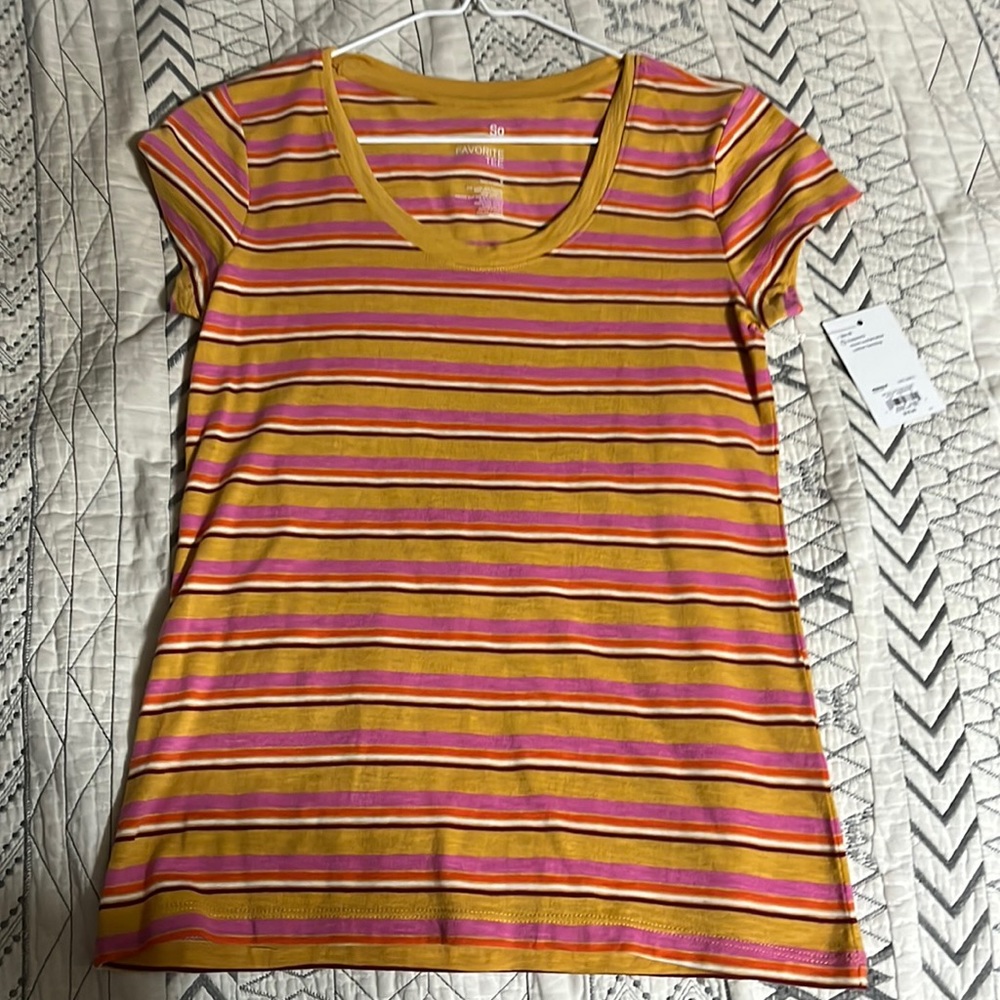 Striped gold, pink, white, orange, and maroon t-shirt
